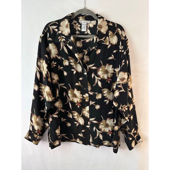 Vintage Anna and Frank 100% Silk Button Down Blouse Floral Black Tan Classic XL - Picture 1 of 4